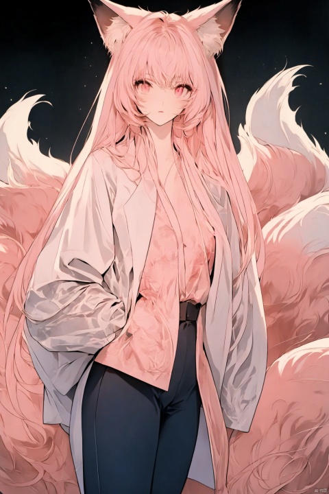 dynamic angle, wide shot, ((Pink light:1.2)), mature female, light pink hair, red crimson  eyes, fox ears, red fox tails, ((night:1.2)), cowboy shot, ((red and pink atmosphere:1.0)), glowing fox tails, ((9 tails:1.2)), red body glow, beautiful face, masterpiece, best quality, extremely detailed cg unity 8k wallpaper, high-quality, ultra-detailed, depth of field, illustration, beautiful detailed wallpaper, accurate anatomy to hands and fingers, mksks, Art Style 2.0, starrystarscloudcolorful, lora:more_details:0.5