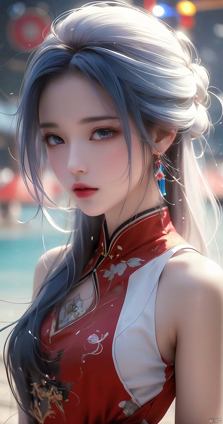  masterpiece, best quality, anime style, white theme, 1girl, white streight long hair, blue eyes, white skin, iridescent eyes, pink lips,red cheongsam ,Large chest，bare ， focus on face，(Isometric Perspective:1.5),(Pixar Style:1.2),Amusement Park,Ferris Wheel,Circus,monkey,lion,tiger,flag,multimorph model game asset,pixel art,minecraft,LEGO style,tilt displacement,IP,blender,OC render,best quality,4k,super detail