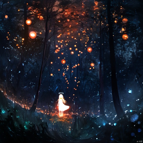  ,silhouette painting, ethereal ambiance, 1girl, orange theme, solo, long hair, blonde hair, dress, very long hair, standing, outdoors, white dress, tree, glowing, halo, nature, scenery, forest, bubble, dark, night, moon, light, crescent moon, a mystical and ethereal forest scene at night, the forest floor is illuminated by a myriad of glowing orbs, some of which resemble fireflies, while others have a more luminescent quality. these orbs cast a soft and radiant light that contrasts with the darker shadows of the trees and foliage, a tall and glowing silhouette of a girl with long flowing hair, standing amidst the orbs, serene, magical, and otherworldly., nocturnal, glow, orbs, fireflies, radiant light, luminescent, translucent, ambiance，8k wallpaper, cyber city, tokyo, big future city