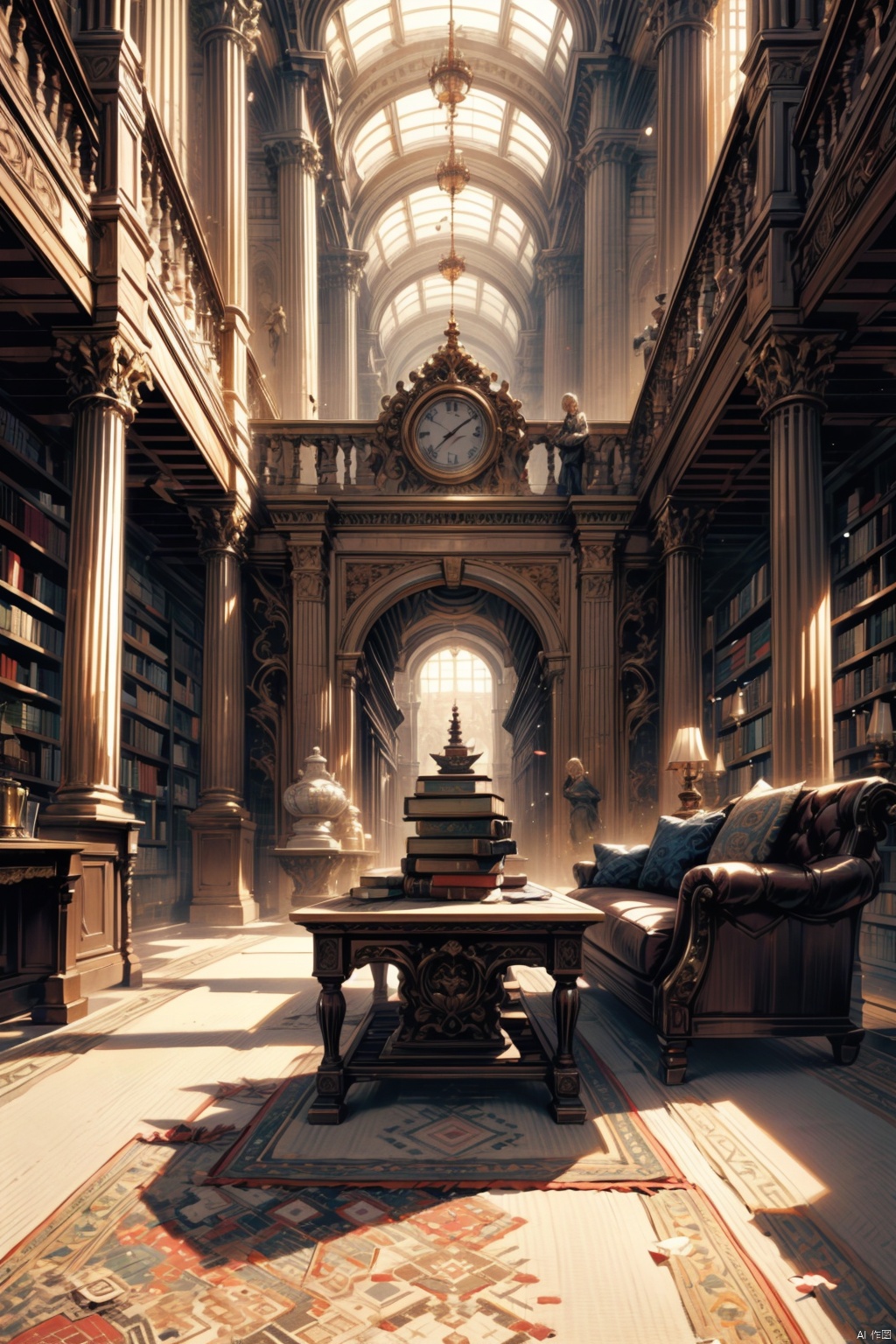 (((Reasonable scenery configuration))),high-quality carpet and various objects scattered on top,including ancient artifacts,stacked ornate books,and parchment scrolls. Despite the many items,the scene looks remarkably organized and tidy.