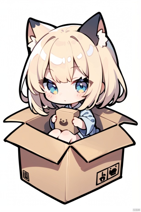 1 catgirl in cardboard box, sitting, chibi, thick outline, simple background, white background