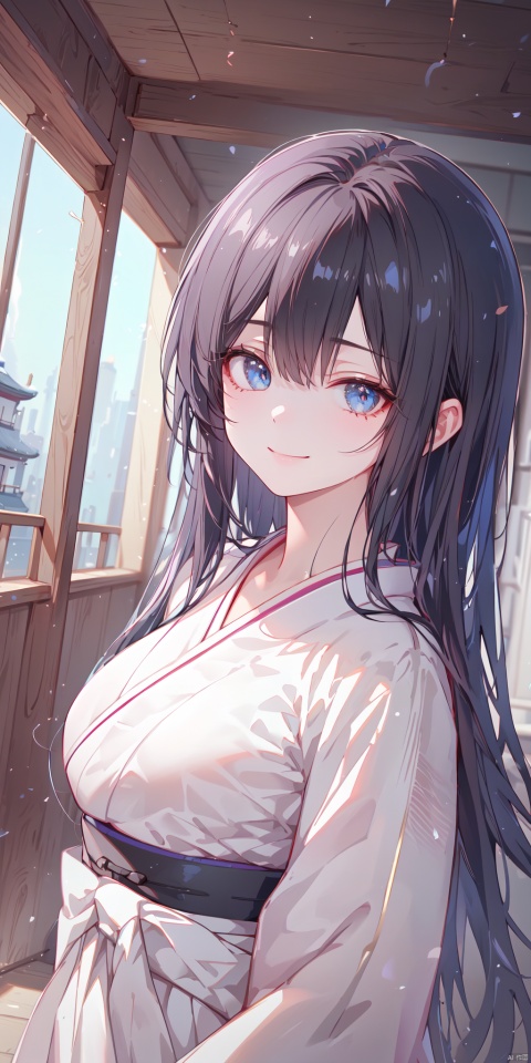 (1girl, black long hair, black eyes, serious smile, wearing white japanese clothes, black hakama), (carry a large japanese sword at her waist), (walking, outdoor, asian old castle), (((perfect anatomy, perfect quality, hyper detailed eyes, masterpiece, hyper ultra detailed, best quality, perfect great quality, 8k wallpaper, cinematic lighting, cinematic angle, dynamic angle))), AddXL, 