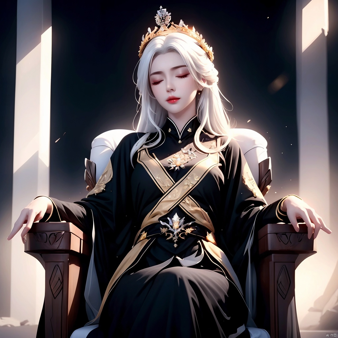 (1girl),white hair and yellow eyes,(emperor,black see-through clothes),(crown:1.1),sitting on the throne,eyes slightly closed,head down,(shy:1.2 ),(makeup),high contrast,(best illumination),(an extremely create and beautiful),(cinematic light),colorful