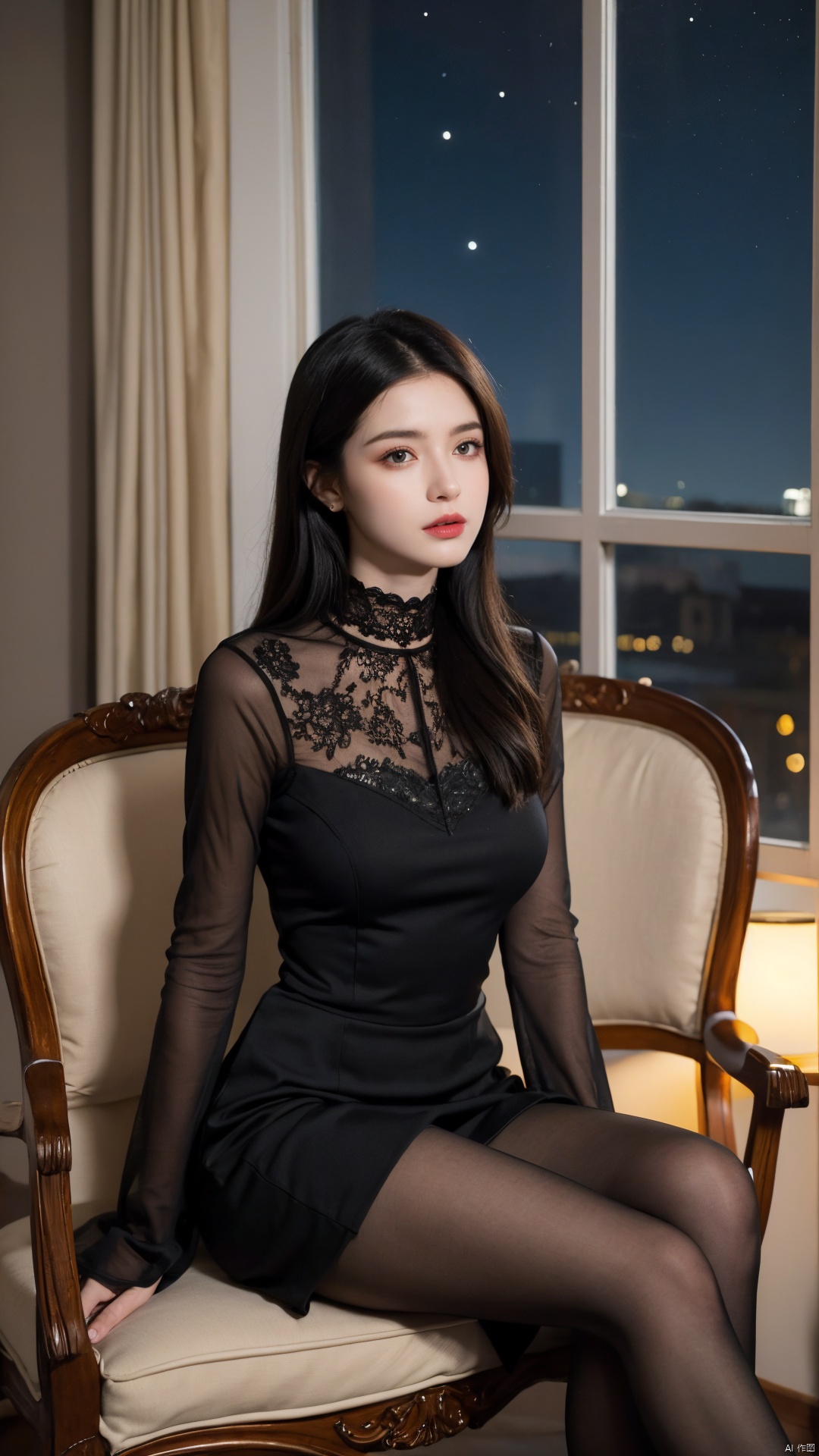 1girl,((masterpiece)), (photorealistic:1.4),solo,queen's chair, night, night sky, office shot, formal dress, bodysuit, black dress,black skirt, black Pantyhose, royal shoes, black hair, sitting on chair, game cg,The room has windows,Only one person,single,beauty face,divine goddess, shiny skin, skindentation, lace