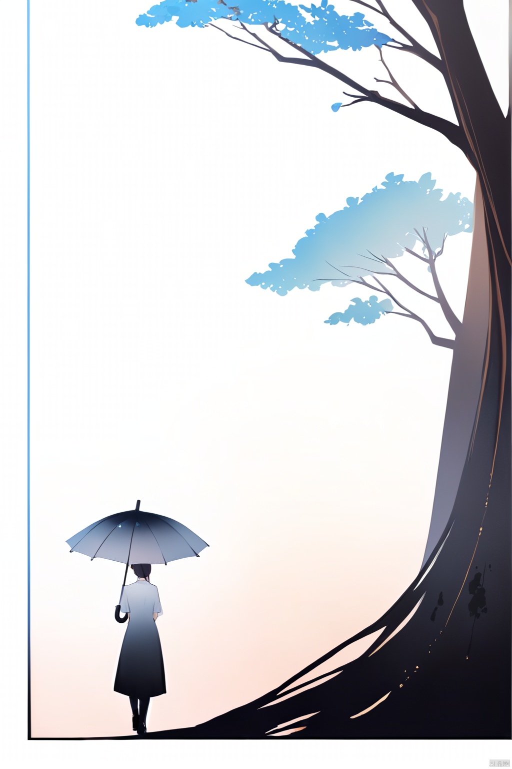  
/I Foreground a tree, Chinese beauty holding an umbrella, cyan and white color matching, ink painting minimalist style, large white space, tulle translucent material, soft gradient, perspective aesthetics