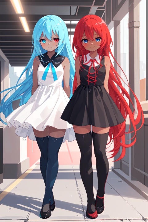 vibrant colors, 2 females, masterpiece, sharp focus, best quality, depth of field, cinematic lighting, red hair, very long hair, red eyes, white thighhighs, dress, outdoors, town, sidewalk, dark skin, blue hair, very long hair, blue eyes, indoors, black legwear, arms behind back, smile,