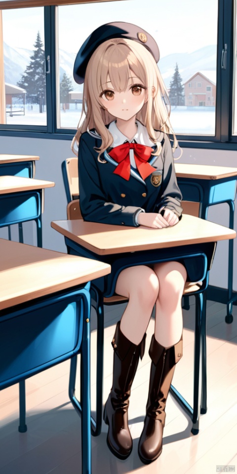  (masterpiece), (best quality),solo,1girl,long hair,beret,knee boots,winter,classroom, blackboad, desk, chair, Windows, light_brown_hair, beautiful_hair, brown_eyes, beautiful_eyes, 1_beautiful_girl, cute_face, beautiful, best_quality, good_anatomy