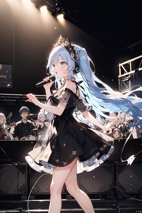 ps \(medium \), 1 girl, high quality, best quality, Hatsune Miku, blue hair, small breasts, long hair, (prominent pupil :1.2), (long black dress 1.8, flower, gilt decoration, high heels, floral headdress), (Singing, microphone, holding microphone in both hands, sad mood), (stage, large outdoor stage, dim, Spotlight, breeze, fluttering hair), (whole body 1.8), night, stretch legs, (face :2.0), (side face 1.8), pose, (playing electricity guitar:1.4), (Passers-by, spectators, blur:1.3)