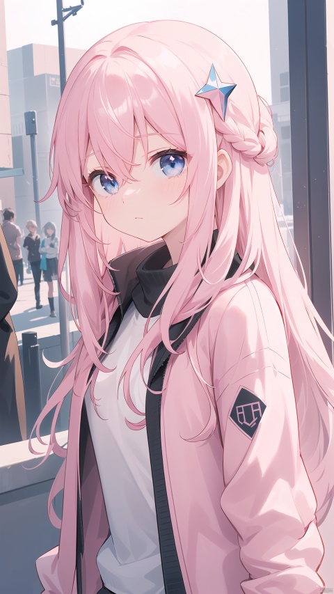 1girl, extremely detailed,8k, beautiful, detailed eyes,  (hair ornament, cube hair ornament, blue eyes, pink long hair, pink track jacket, bangs, hair between eyes), looking at viewer, close up, (elegant pose),strong dark colors, (depth of field), (dynamic), (epic),sharp focus, (intricate details), Full color, outdoor, cowboy shot