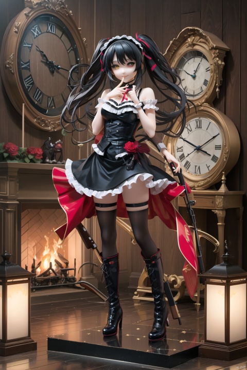  (best quality:1.5),(masterpiece:1.5),excellent facial detailing,intricate detail,great textures,(ultra high res),photorealistic,realistic,killer, PVC figure, 1girl, tokisaki kurumi, solo, weapon, gun, black hair, clock eyes, twintails, dress, long hair, thighhighs, hairband, boots, red eyes, lolita fashion, lolita hairband, rifle, heterochromia, clock, symbol-shaped pupils, smile, looking at viewer, yellow eyes, bare shoulders, medium breasts, breasts, full body, finger to mouth, roman numeral