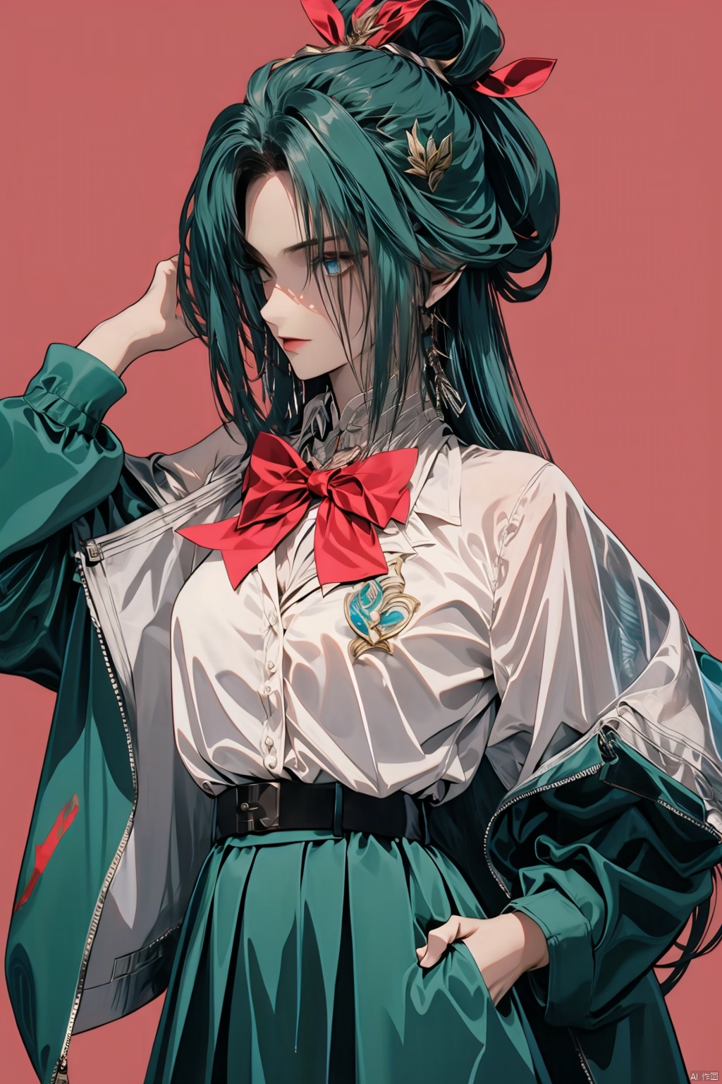  Long hair, light blue hair, pink streaks of hair, space bun hairstyle, flower hairpin, blue eyes, long-sleeve, button-up white shirt, a gray jacket with blue-green stripes, a red bow, dark blue-green pleated skirt, school background, add_detail:1, add_detail:0, add_detail:0.5