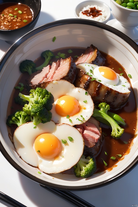 animation,animation,high quality,high resolution,rice bowl,fried egg,braised pork,diced radish,beans,rice,broccoli