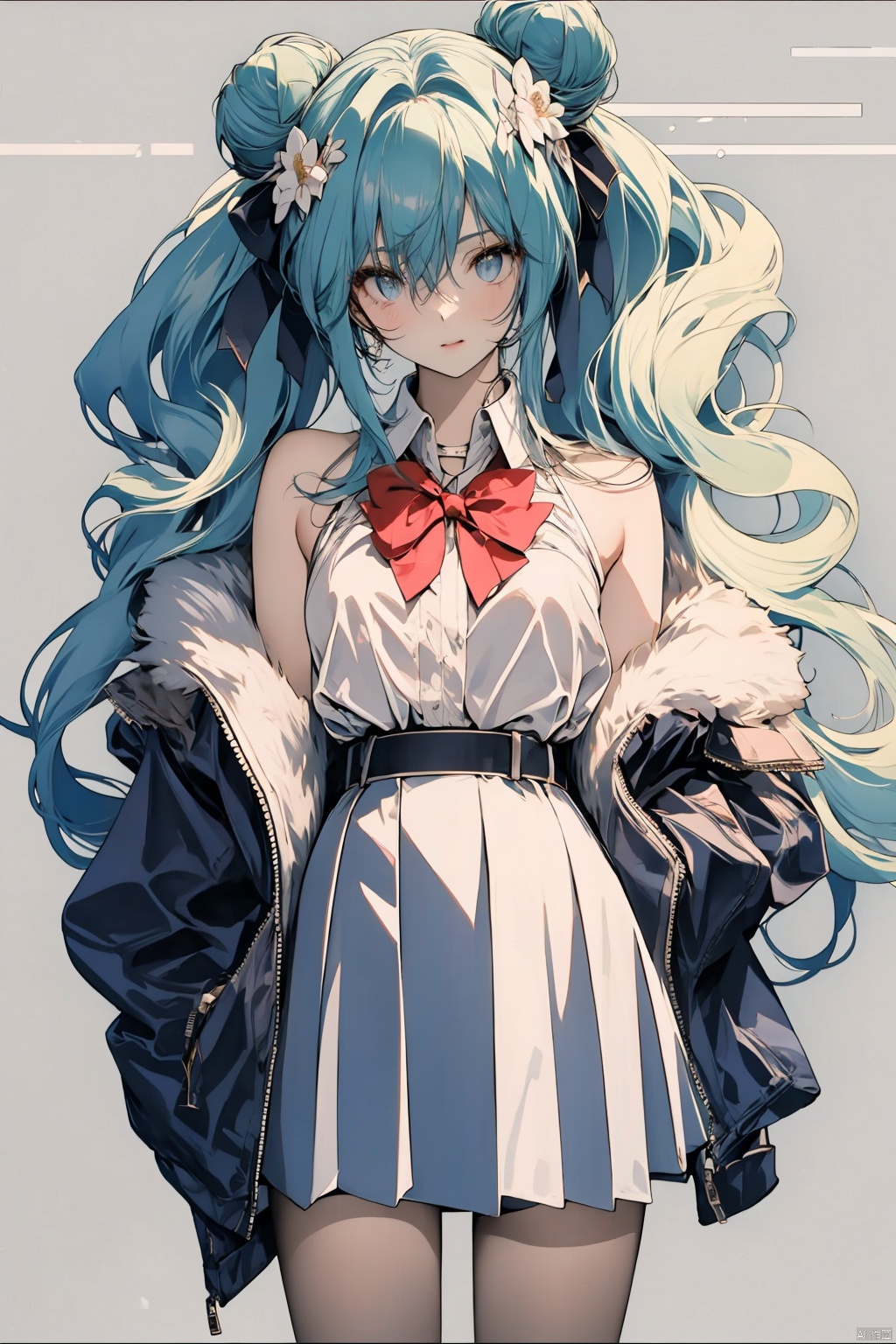  no cloth, cute girl，Long hair, light blue hair, pink streaks of hair, space bun hairstyle, flower hairpin, blue eyes, long-sleeve, button-up white shirt, a gray jacket with blue-green stripes, a red bow, dark blue-green pleated skirt, school background, add_detail:1, add_detail:0, add_detail:0.5