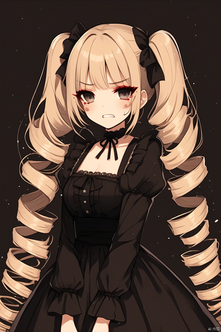 woman, solo, long hair, solo, twin-tails, drill hair, twin drills, baroque dress, ((sad)), evil grin, ((eye makeup))