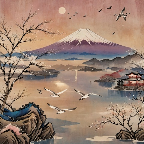 Gradient style illustration, illustration, starry sky, a Mt. Fuji, surrounded by lakes, birds, sunlight, flying snow