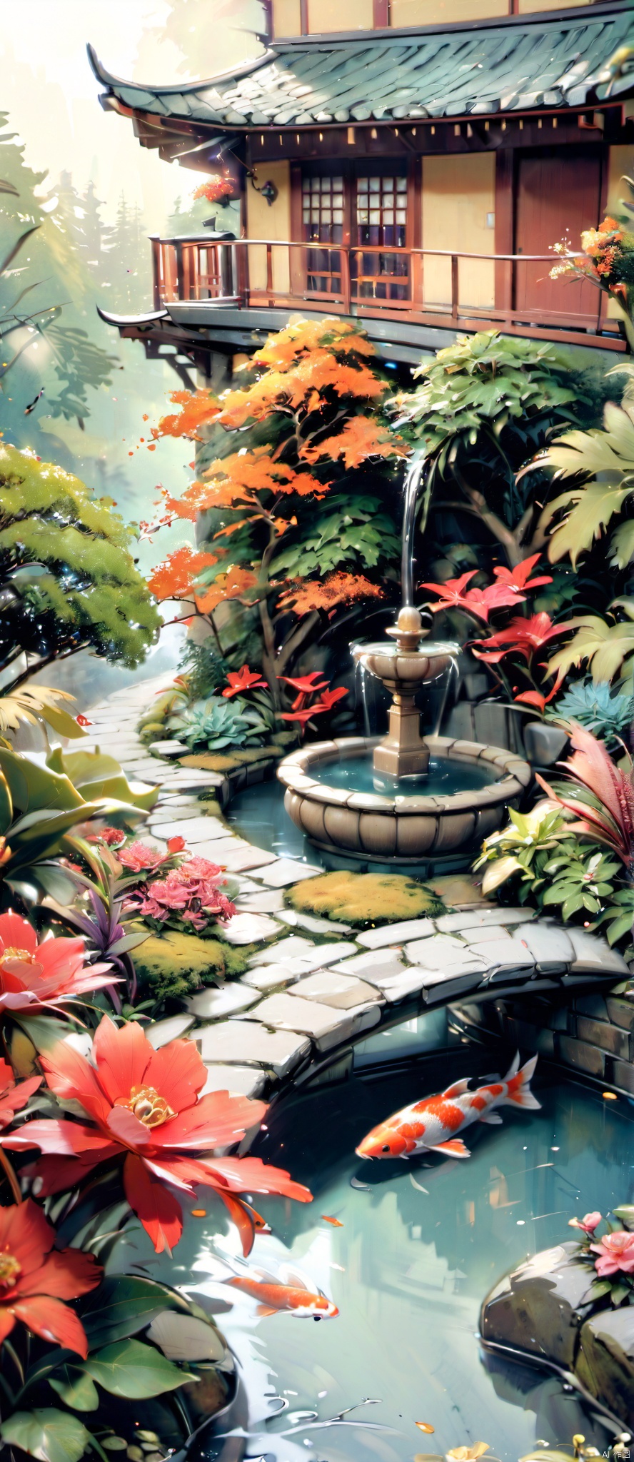 plant,mini manmade fountain,pond,koi,plant