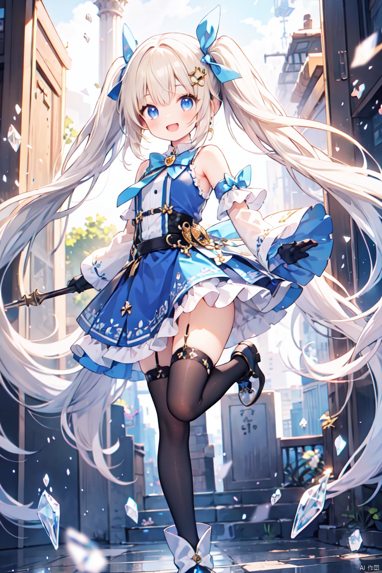  1girl, solo, long hair, looking at viewer, smile, open mouth, blue eyes, skirt, blonde hair, thighhighs, gloves, dress, bow, ribbon, holding, bare shoulders, twintails, blue hair, hair ribbon, hair bow, multicolored hair, boots, frills, detached sleeves, black gloves, elbow gloves, black thighhighs, gradient hair, staff,debris,temple，(((no human))), jewelry background, floating gems, floating glass pieces, jewelry background, floating gems, floating glass pieces