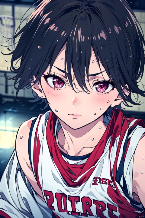 1girl, solo, short hair, dark blue hair, very short hair, hair between eyes, basketball uniform, pink eyes, closed mouth sweaty, sweating, ((basketball court background, blurry background, face focus, close-up))