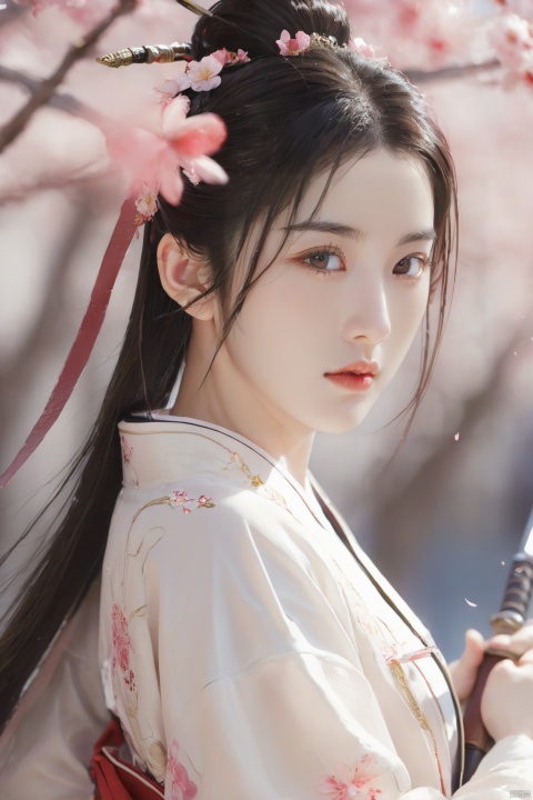 Sakura,upper_body,1girl,weapon,sword,black hair,petals,cherry blossoms,long hair,chinese clothes,blurry,hair bun,hair ornament,holding weapon,looking at viewer,holding sword,holding,long sleeves,facial mark,single hair bun,flower, outdoors,best quality,masterpiece,illustration,an extremely delicate and beautiful,CG,unity,8k wallpaper,Amazing,finely detail,masterpiece,official art,extremely detailed CG unity 8k wallpaper,incredibly absurdres,huge filesize,ultra-detailed,highres,extremely detailed,beautiful detailed girl,realistic,