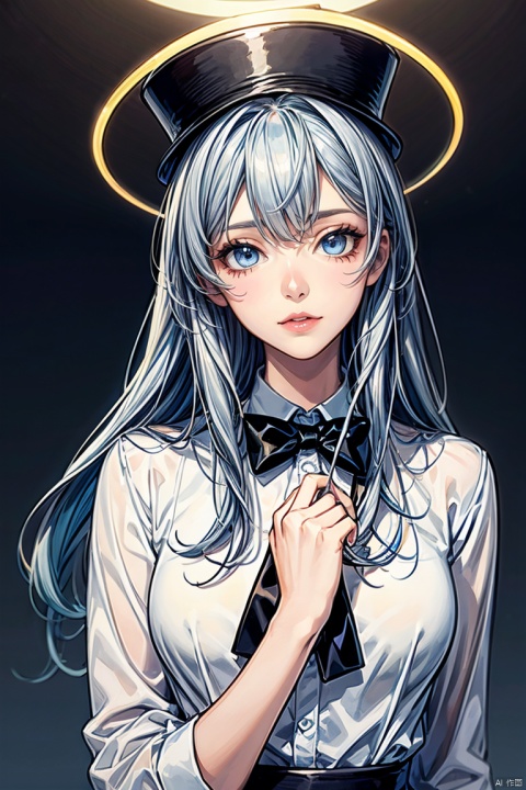 light_blue_hair, light_blue_eyes, light_blue_halo, beautiful_hair, beautiful_eyes, 1_beautiful_girl, cute_face, beautiful_face, beautiful, best_quality, good_anatomy, black_top_hat, black_tuxedo, bow_tie, black_slacks, white_shirts_oficial, hold_cane