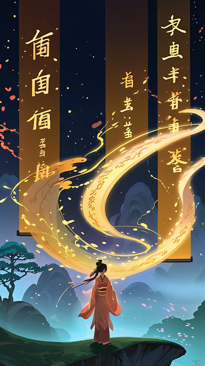  Ash,(Huge scroll floating in the sky) A girl, fantasy concept, glowing text color river particles, scenery, trees, mountains, Zen Chinese festival aesthetics