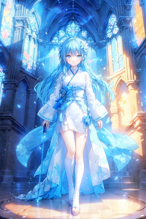 Masterpiece, sharph focus, best quality, ultra-detailed, vibrant acrylic color anime illustration, a merciful saintess with long golden hair and blue eyes, wearing a white robe and holding a jeweled staff, standing in the cathedral of the holy city, bathing in the sunlight from the stained glass, looking at the ceiling with a serene smile, surrounded by white doves and flowers. The scene is peaceful and holy, and the colors are bright and warm. The perspective is from the front, showing her full body and the majestic cathedral behind her. Simling 
BREAK 
delicate facial features, extremely detailed fine touch, lora:more_details:0.5, chinese clothes, hanfu, long sleeves, blue dress, hair flower, blue flower