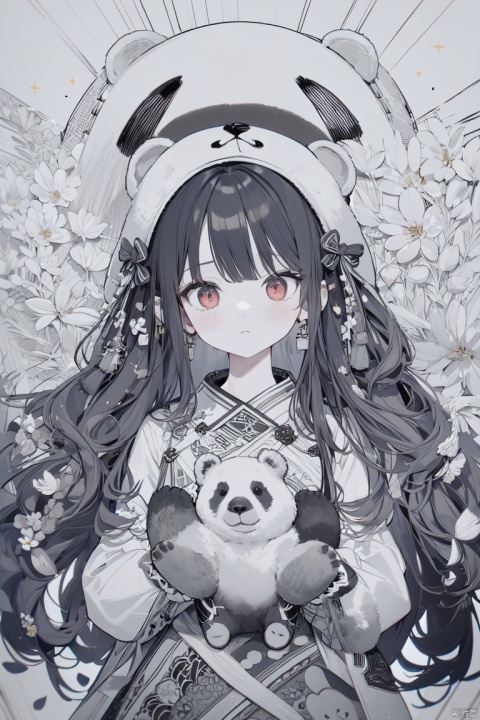 1girl:1.3, (line art:1.3), immunity:1.3, long hair, curly hair, loose hair, big hair, dense hair, black hair, red eyes, panda bear costume, intricate, simple, affordable, engraving, craftsmanship, (flowers, petals), enticing art pose, whimsical, absurdres, highres, ultra detailed, lora:more_details:0.5