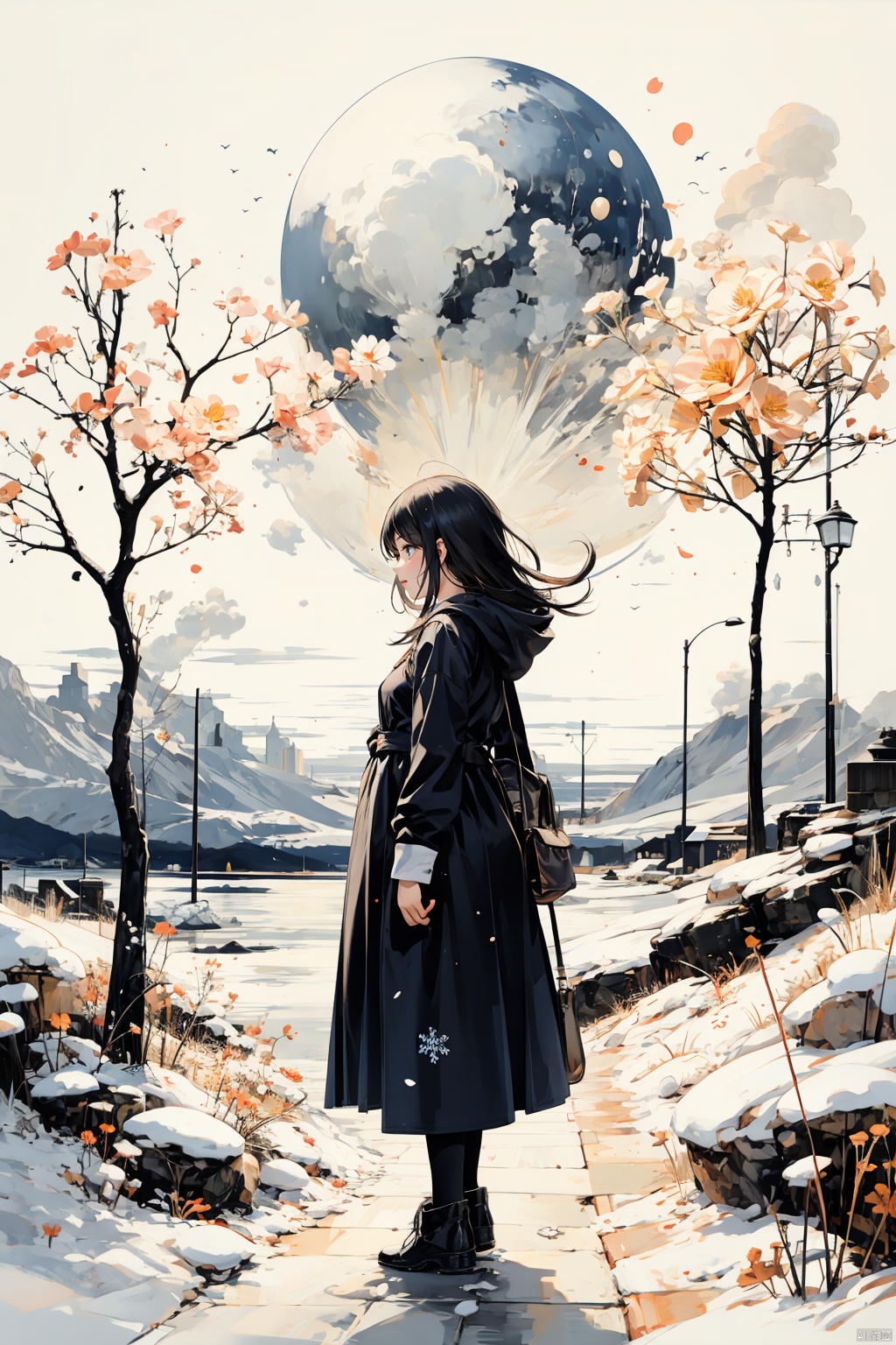 Amidst a raging blizzard, a solitary figure stands resilient in a snow-covered field, viewed from behind. The girl's silhouette is barely discernible through the thick veil of swirling snowflakes. Despite the intensity of the storm, there's an aura of serenity and strength emanating from her presence, as she stands amidst the chaotic beauty of the blizzard's embrace. The field of view captures the vastness of the wintry landscape, emphasizing the girl's solitary stance against the elements, more_details:-1, more_details:0, more_details:0.5, more_details:1, more_details:1.5