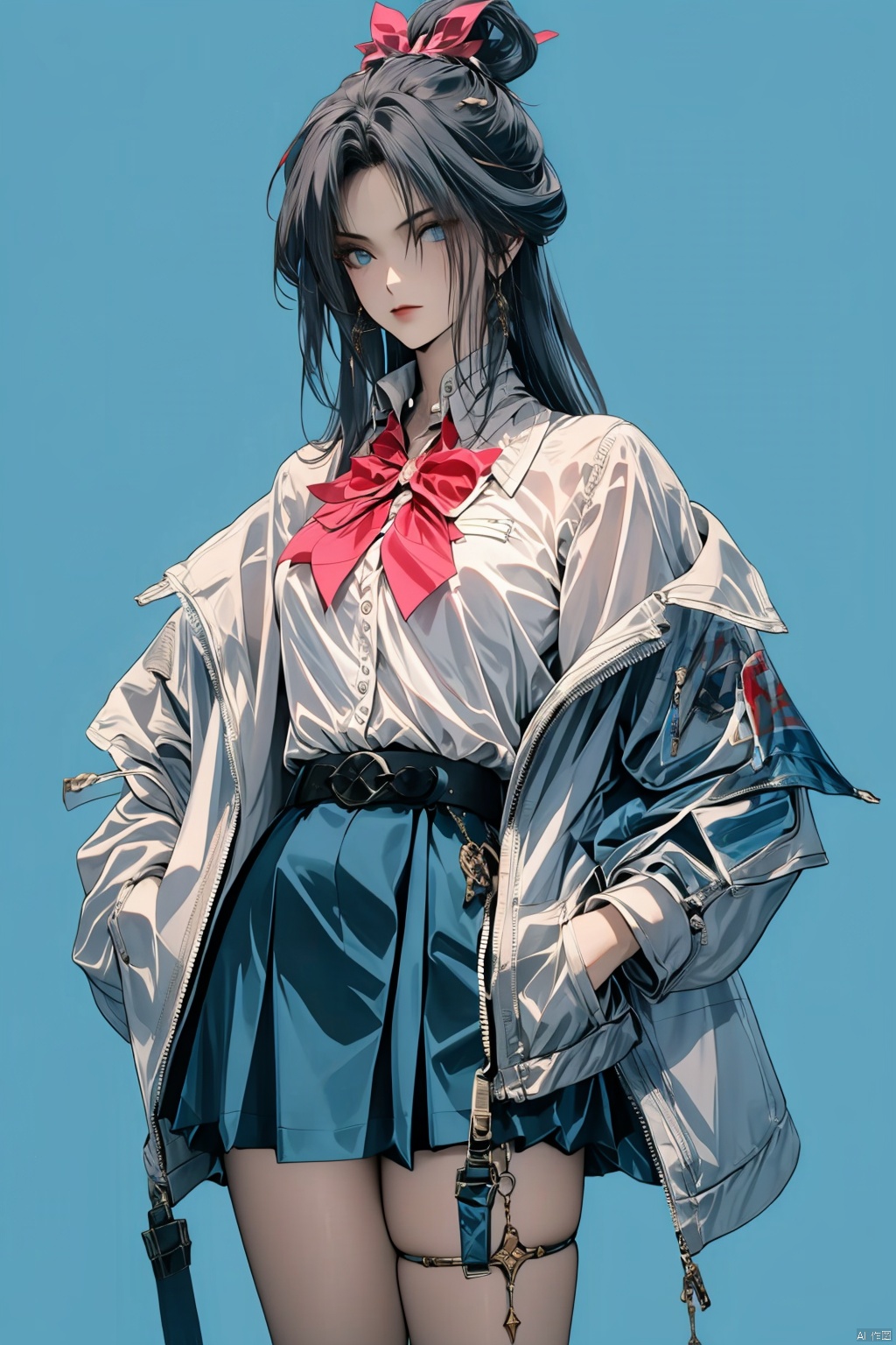  Long hair, light blue hair, pink streaks of hair, space bun hairstyle, flower hairpin, blue eyes, long-sleeve, button-up white shirt, a gray jacket with blue-green stripes, a red bow, dark blue-green pleated skirt, school background, add_detail:1, add_detail:0, add_detail:0.5