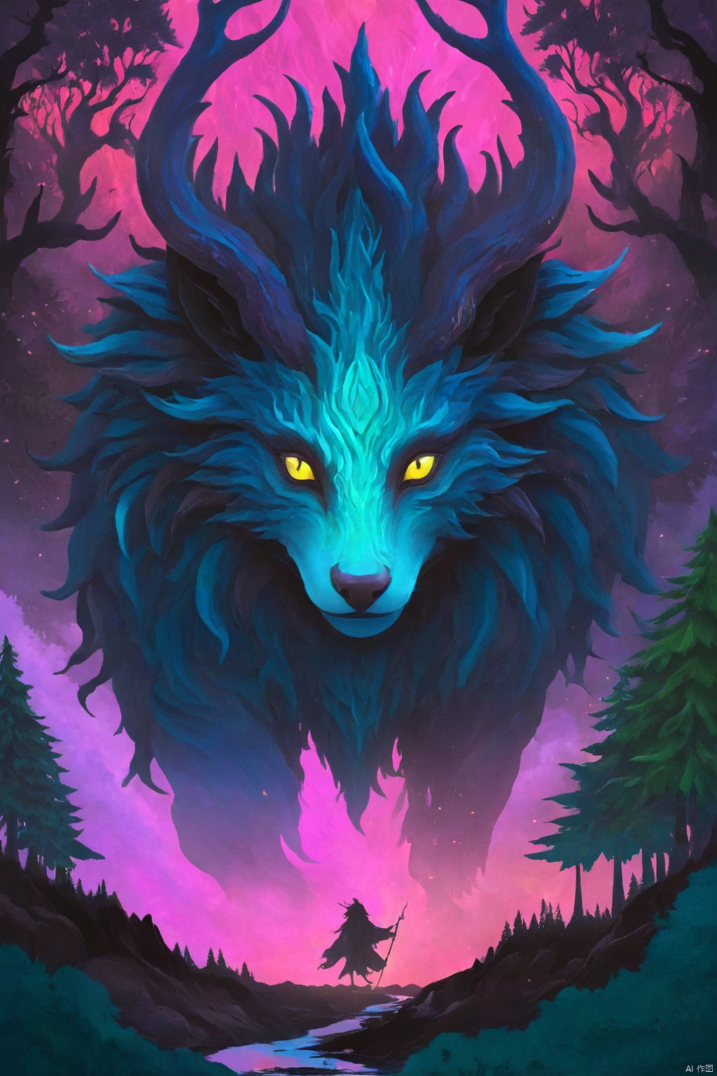 Please create a Dark creature, Sylvan, the Guardian of the Forests, Explore your creativity to portray this mystical and imaginary creature. Play with vibrant colors, unique shapes and intriguing textures to make the image unique and engaging. I'm excited to see your artistic interpretation of the Dark creature, Do Sylvan, the Guardian of the Forests