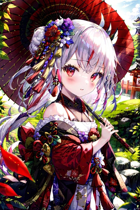  1girl

solo

long hair

looking at viewer

bangs

hair ornament

red eyes

long sleeves

holding

weapon

flower

white hair

grey hair

red hair

multicolored hair

frills

parted lips

japanese clothes

horns

sword

virtual youtuber

hair flower

wide sleeves

kimono

off shoulder

hair bun

holding weapon

arm up

streaked hair

sash

bell

gradient hair

umbrella

holding sword

obi

floral print

katana

frilled sleeves

red flower

sheath

tassel

oni horns

oni

holding umbrella

oil-paper umbrella

black kimono

spider lily

nakiri ayame

