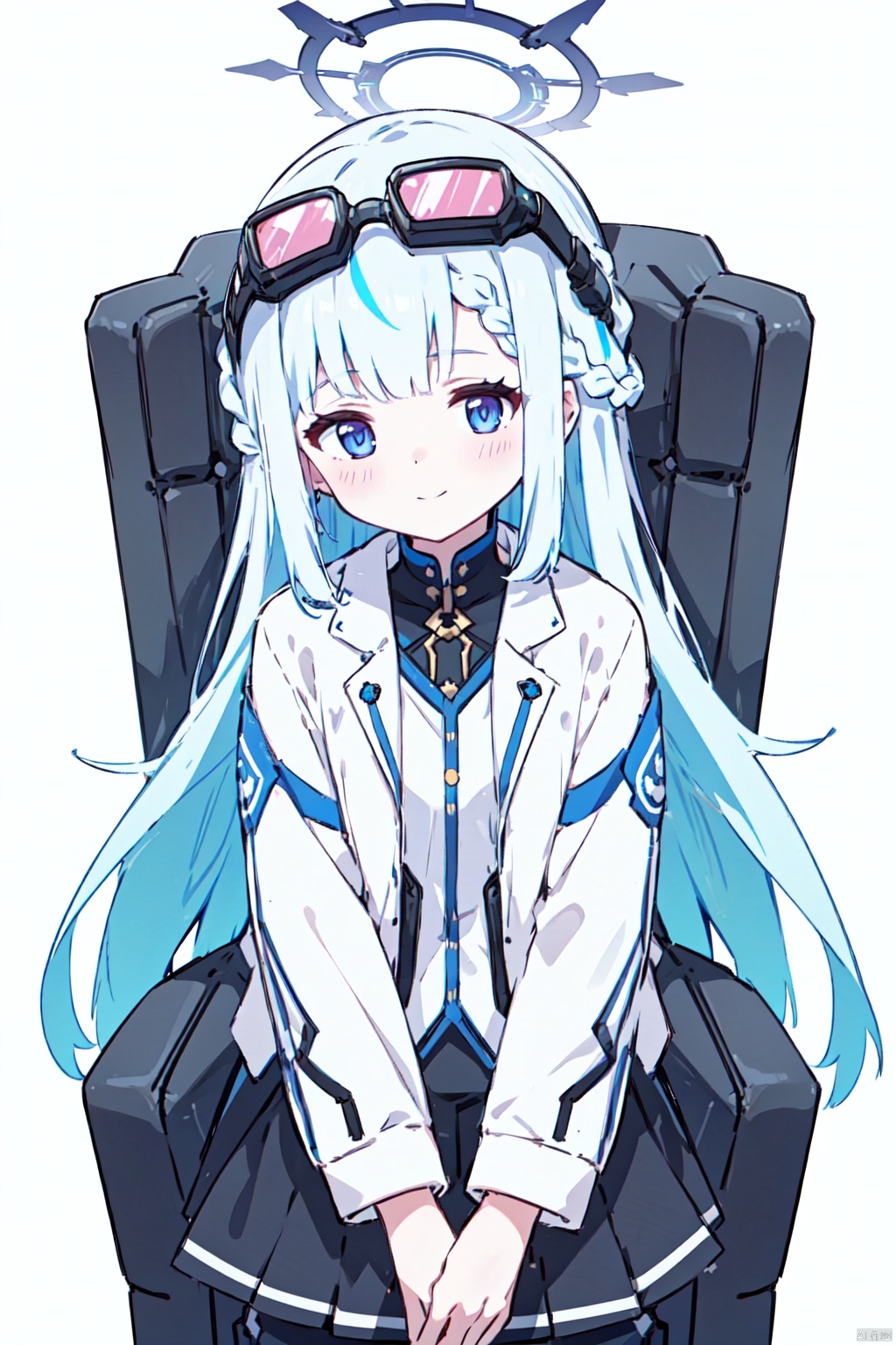  1 girl, full body, white hair,very long hair,white background, mecha armor, 1girl, bodysuit ,looking at the viewer, 1girl, solo, multicolored hair, hair over one eye, halo, blue eyes, pink hair, long hair, white background, smile, colored inner hair, blue hair, looking at viewer, simple background, braid, two-tone hair, white skirt, arona \(blue archive\), arms behind back, skirt, closed mouth, jacket, white jacket, very long hair, bangs, single braid, alternate hairstyle, uniform, long sleeves, streaked hair, blush, upper body，masterpiece, best quality, photorealistic ,fashionmonkey, gorilla, eyewear on head, gears, gem, goggles , gold, jewelry, magic circle,male_focus, owl, pants, shoes, sunglasses, tassel, throne,
 