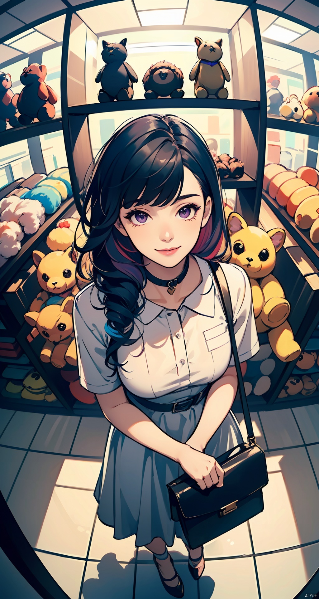  masterpiece,best quality,(colorful:1.4),from above,solo,1girl standing in a store with lots of stuffed animals on the shelves and a bag of stuff,black and blue hair color,purple eyes,smiling,depth of field,fisheye lens