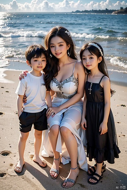 There are three people standing on the beach with their children,on the beach,on the beach,on the beach,on a vacation photo,a happy family standing near the beach,at sea,head photo,beach photo,standing on the beach,inspired by Eiichiro Oda,a family photo