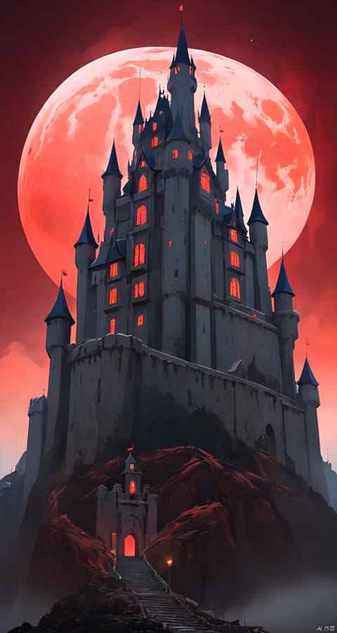 giant castle in the background,dynamic angle,dark fantasy,blood moon,red sky