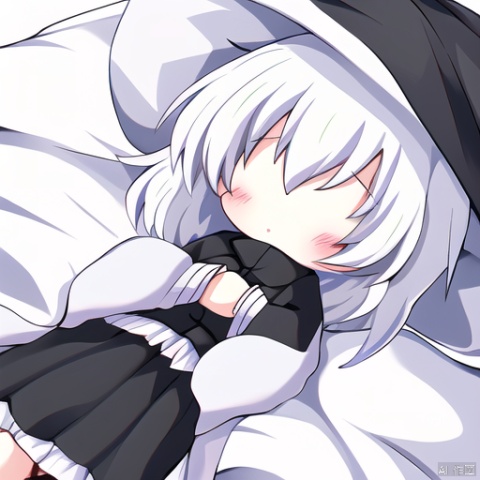  under-covers,blanket,1girl, solo, chibi, liuying, 1girl, black jacket, white shirt, green skirt, silver hair, white hair