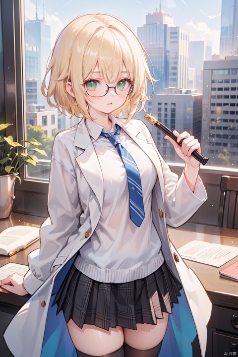  1girl, labcoat, thighhighs, skirt, blonde hair, necktie, glasses, short hair, solo, plaid, plaid skirt, green eyes, book, black thighhighs, star (symbol), pleated skirt, eyewear removed, holding, blush, pen, shirt, striped, arm up,a drawing of a woman with a big sword in her hand, holding it up and ready to fight, 1girl, solo, weapon, sword, more_details:1.5, more_details:-1, more_details:0, more_details:0.5, more_details:1, more_details:1.5