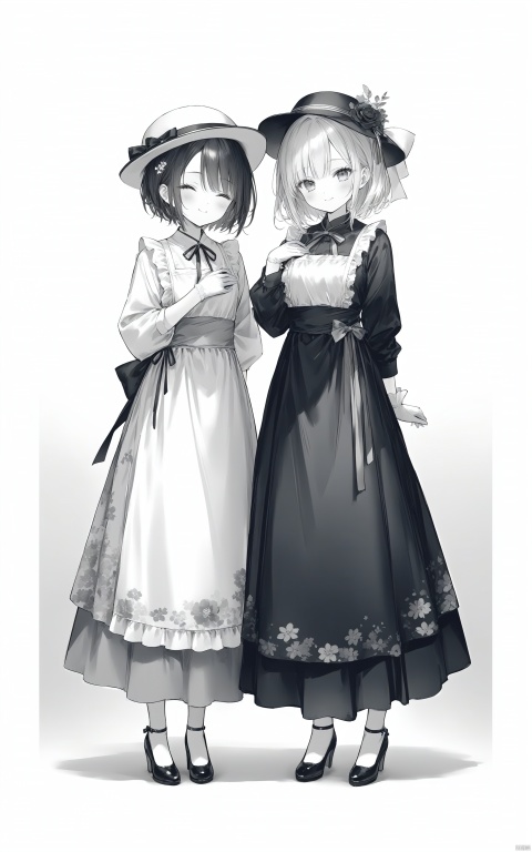 2girls, apron, black_headwear, closed_eyes, closed_mouth, dress, facing_viewer, floral_print, floral_print_apron, full_body, gloves, gradient_background, greyscale, hand_on_own_chest, hand_on_own_face, hat, high_heels, holding, long_hair, long_skirt, long_sleeves, looking_at_viewer, monochrome, multiple_girls, nakko_(7nt5ta), parted_bangs, ribbon, scroll, short_hair, skirt, smile, standing, white_background, white_headwear, best quality, masterpiece, nai3