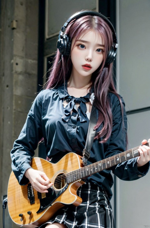 masterpiece,best quality,1girl,solo,black skirt,blue eyes,electric guitar,guitar,headphones,holding,holding plectrum,instrument,long hair,music,one side up,pink hair,playing guiter,pleated skirt,black shirt,indoors