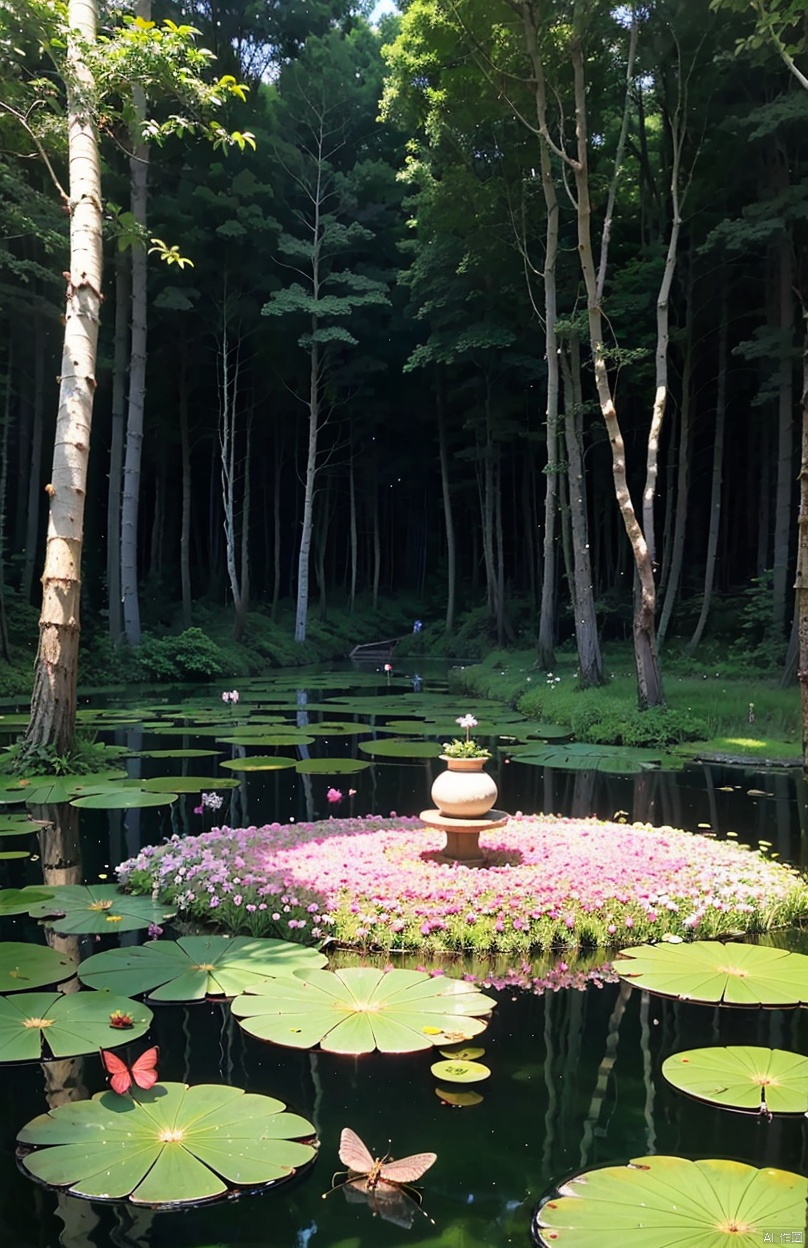 Small anthill made out of flowers and grass on a lilypad on a pond in a mythical Forest with fairys and butterflies around it fireflies