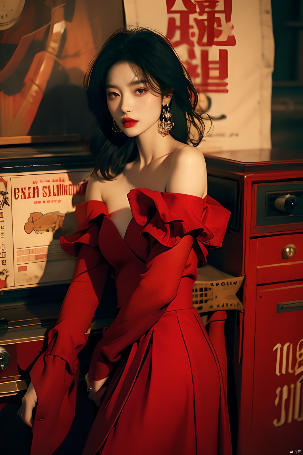  sdmai, hongchen, 1girl, solo, dress, red dress, black hair, realistic, breasts, jewelry, earrings, looking at viewer, bare shoulders