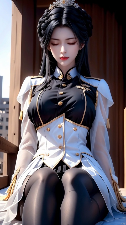  1girl, mature female, solo, looking at viewer, lace, strong rim light,(Indoor | Palace | Hall | Bedroom),gaoxiong, thighband pantyhose, uniform, black hair, ponytail, white gloves, military uniform, pleated skirt, bow, black pantyhose, hair bow, large breasts, very long hair, miniskirt, panties under pantyhose, sheath, underwear,, long sleeves, white skirt, bangs, buttons, double-breasted, white bow, sheathed,Blue,Punk，(1girl),white hair and yellow eyes,(emperor,black see-through clothes),(crown:1.1),sitting on the throne,eyes slightly closed,head down,(shy:1.2 ),(makeup),high contrast,(best illumination),(an extremely create and beautiful),(cinematic light),colorful