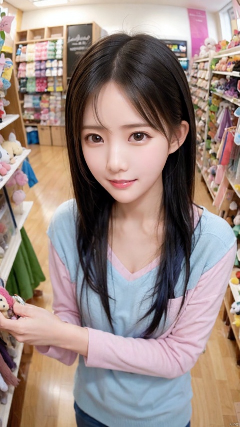  masterpiece,best quality,(colorful:1.4),from above,solo,1girl standing in a store with lots of stuffed animals on the shelves and a bag of stuff,black and blue hair color,purple eyes,smiling,depth of field,fisheye lens