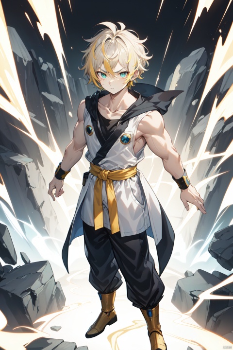 son goku,  biceps, blonde hair, green eyes, blue sash, blue wristband, clenched hands, collarbone, dougi, electricity, energy, floating rocks, yellow aura, frown, looking at viewer, full body, male focus, muscular, muscular male, pectorals, rock, sash, scratches, serious, solo, spiked hair, super saiyan, super saiyan 1, topless male, v-shaped eyebrows, wristband, , insanely detailed, detailed background, ((masterpiece)), absurdres, 8k uhd