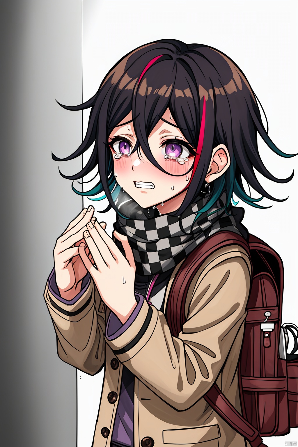 1boy, backpack, bag, black_hair, brown_bag, checkered_clothes, checkered_scarf, clenched_hands, crying, danganronpa_(series), danganronpa_v3_killing_harmony, flipped_hair, grey_jacket, hands_up, highres, jacket, kuchi_~ie, multicolored_hair, oma_kokichi, purple_eyes, reference_request, scarf, solo, sweat, tears, teeth, translation_request, two-tone_hair, autoappealing, autoappealingdb, best quality, masterpiece, nai3