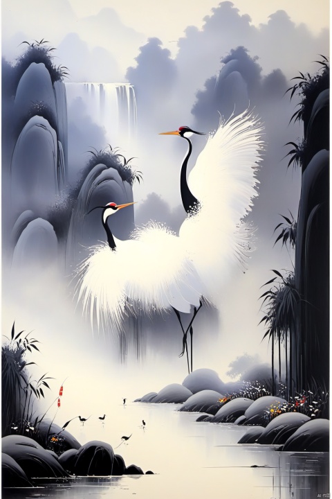  Wu Guanzhong paints a picture, the painting depicts a crane, dancing in the bamboo thickets, full compliance with the style of Wu Guanzhong, combining traditional Chinese ink painting techniques with Western painting concepts, unique visual effects using color and lines, (best quality, perfect masterpiece, byyue, Representative work, official art, Professional, high details, Ultra intricate detailed:1.3)