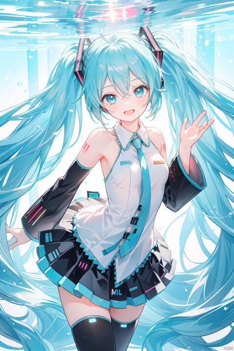 1girl,smile,(vocaloid),(Hatsune Miku:1.2),(blue teal hair:1.2),(long hair),looking at the viewer,volumetric lighting,dynamic pose