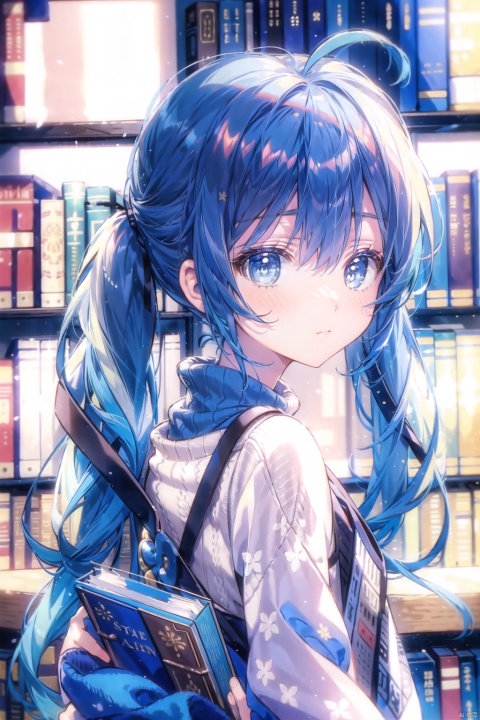 1girl, portrait, standing, swept bangs, long hair, twintails, blue hair, sweater, fluffy, indoors, bookshelf, book, scroll, blurry background, shaftheadtilt, (head tilt), looking back