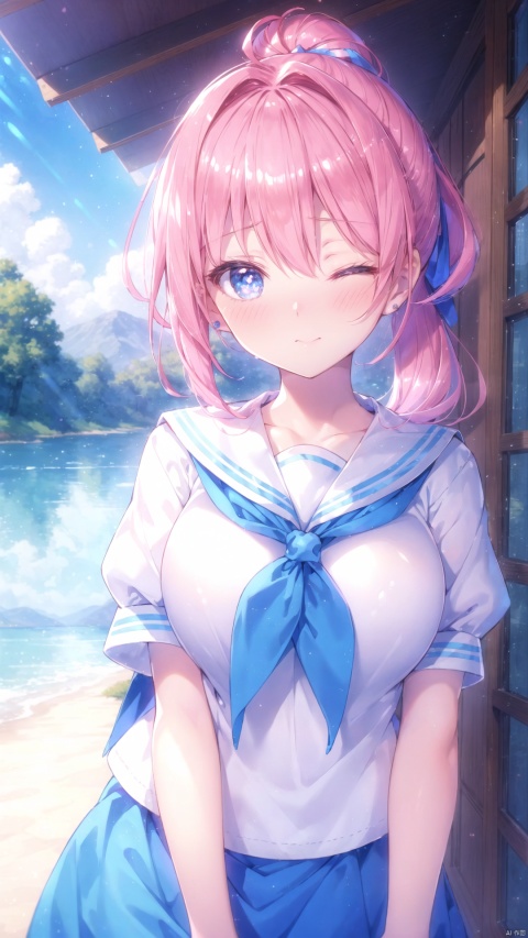 masterpiece, best quality, ultra-detailed, beautiful, nai3, 1girl, solo focus, pov, headpat, cute, kawaii, pink hair, low ponytail, hair over one eye, ahoge, ((shiny hair)), blue eyes, ((shiny eyes)), (detailed eyes), shy, nervous, embarrassed, sweatdrop, full-face blush, one eye closed, serafuku, blue neckerchief, short sleeves, outdoors, scenery, sunlight, light particles