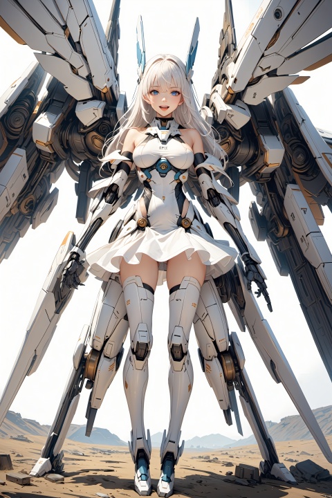  (masterpiece:1.2), (best quality:1.2), (highres:1.0), (sciencefiction:1.3),天启姬,
epic scenes, impactful visuals, sense of space,
1girl, solo, mecha musume, 
blue eyes, long hair, white hair, bare shoulders, bangs, breasts,
white dress, dress, thigh highs, boots, mechanical legs, mechanical wings, 
open mouth, smile, looking at viewer,
white background, 
daylight, warm atmosphere,
full body,
